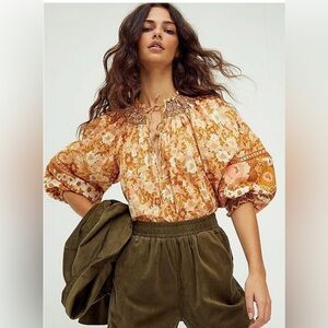 Spell and the Gypsy Collective | Anne Floral Blouse Peach Organic Cotton‎ Sz XL